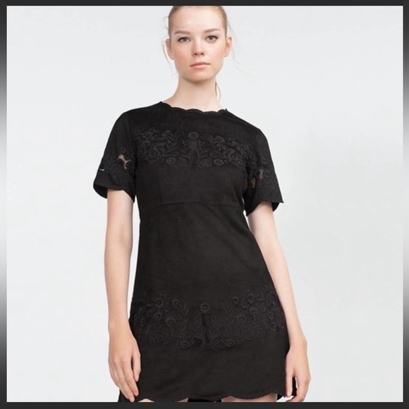 Zara Dresses & Skirts - ZARA - Black floral embroidered suede effect dress w/scalloped hem Size:…